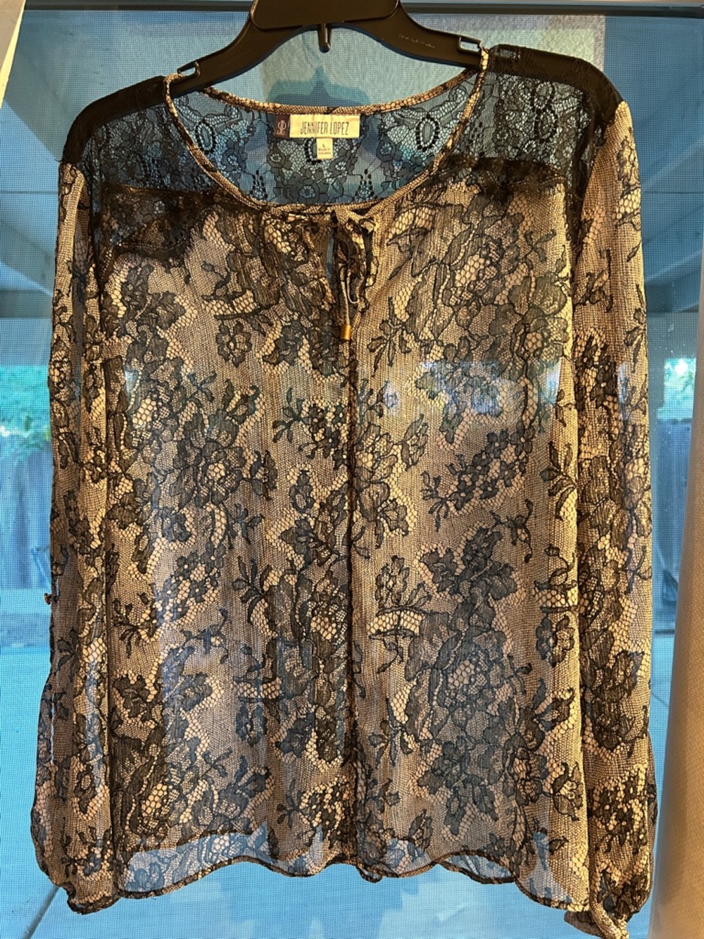 Jennifer Lopez Black Lace Overlay Blouse on Nude